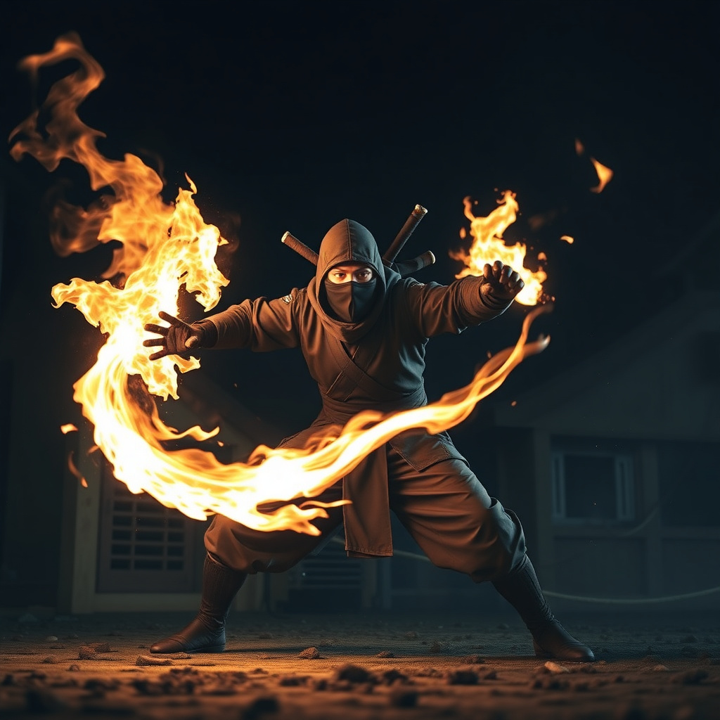 Ninja warrior with fire powers in a dark night