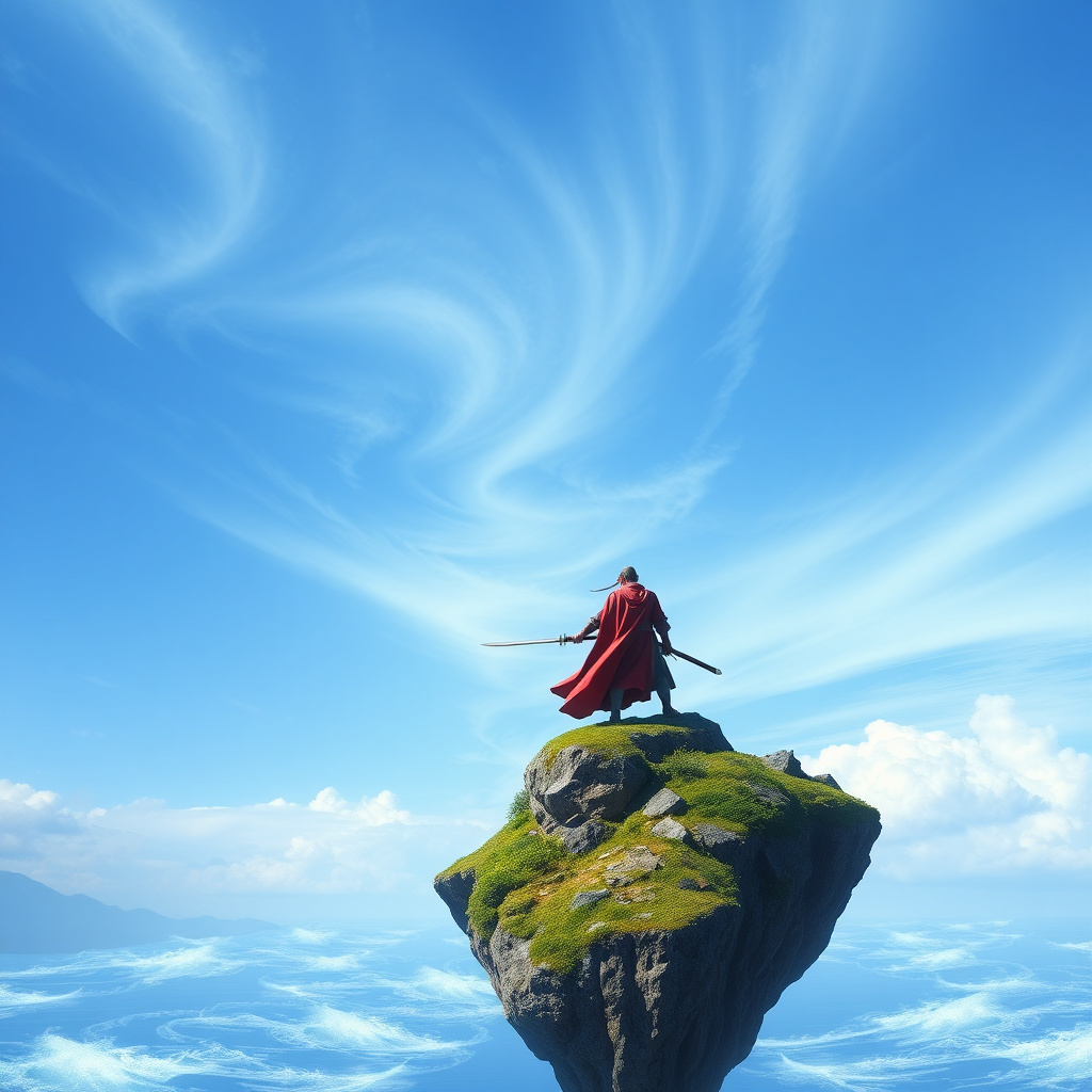 Swordman standing on a floating island under blue sky