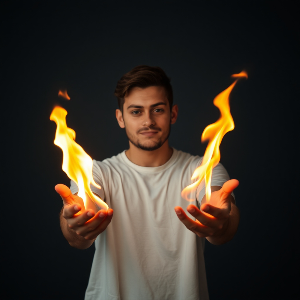 Young man with flame on hands